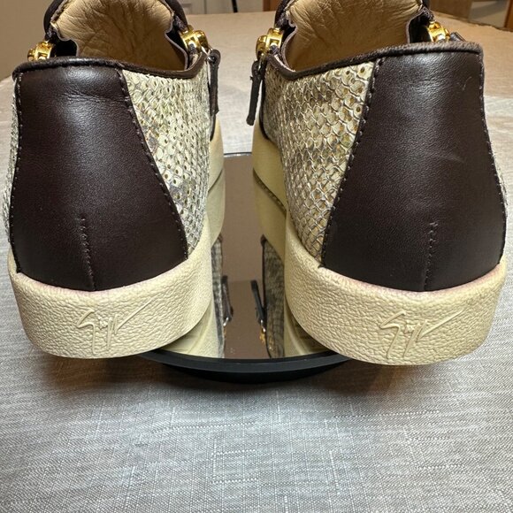Giuseppe Zanotti Women 37.5 Python Print Low-Top Slip on Sneakers Gold Zippers - Picture 4 of 14